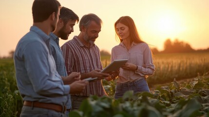 Professionals and farmers engage in discussions using a tablet during sunset in a vibrant farm field