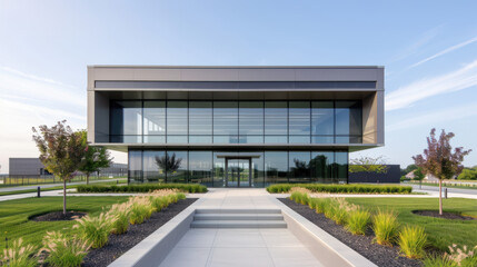 A large building with a glass facade and a green lawn