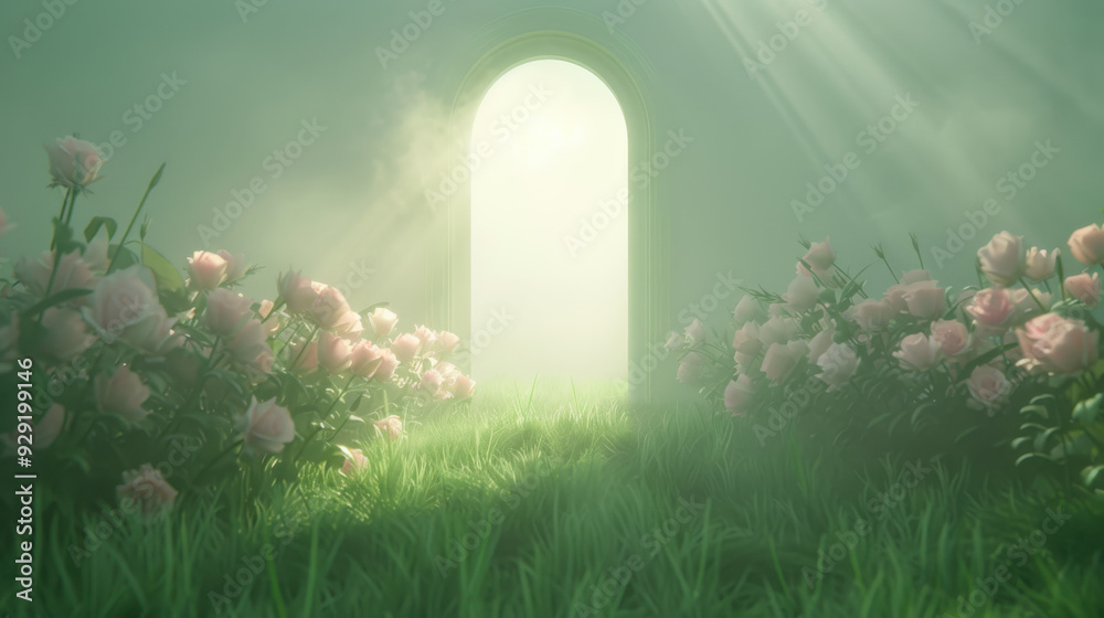 Canvas Prints a lush green field with a large archway in the middle