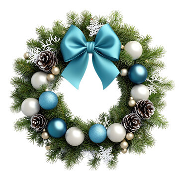 recommend clip art: Christmas decorative wreath with blue silk bow isolated on white or transparent background, png clipart, design element. Easy to place on any other background.