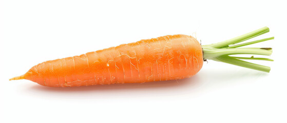 A carrot is shown in its natural form, with its stem and leaves still attached