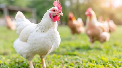 Fototapeta premium Close up hen on a farm background.