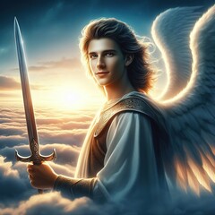 The shining angel with a sword in hand In the heavens on clouds