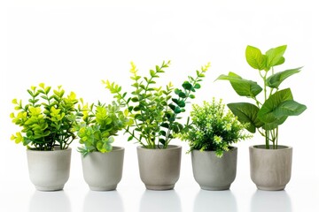 Fototapeta premium Lush greenery displayed in five modern pots showcasing vibrant leaf varieties against a clean white backdrop