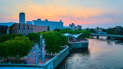 Aerial River Lights Plaza at Sunset with Modern Buildings in South Bend