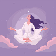 Woman in a meditative levitating pose with a serene background.
