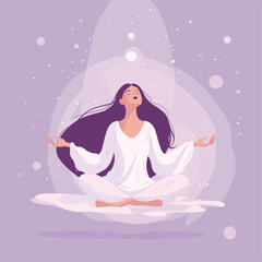 Woman in a meditative levitating pose with a serene background.
