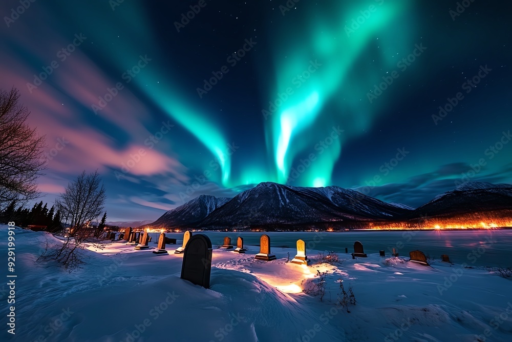Poster vibrant green aurora borealis display over a snow covered landscape with mountains in the distance.