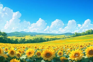 Obraz premium Enchanted anime-style Sunflower Paradise: A Vivid Spring Landscape with Azure Skies and Golden Blooms, Embracing the Season's Vitality,Anime-Style,illustration,Picture BooksFor Poster,Novel,UI,WEB,Gam