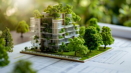 A detailed architectural model of a green building surrounded by trees and plants.