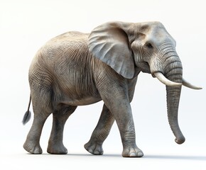 Obraz premium Majestic elephant with large tusks walking on a white background. Wild animal showcasing its grandeur and strength.