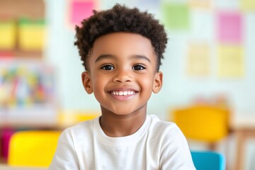 smiling little black boy sitting at the table with, kindergarten classroom in the background