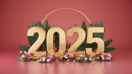 Golden number 2025 with flowers around it. Year 2025 concept.