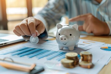 closeup person hand putting coins into piggy bank on table with financial graphs