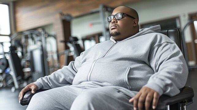 Overweight Man Resting In A Chair At The Gym, Taking A Break From His Workout Routine
