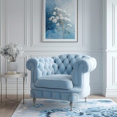 Classic blue and white theme living room - light blue armchair in white room