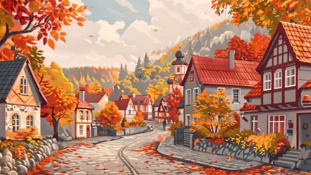 A charming village street lined with picturesque houses and vibrant fall foliage. The path is paved with stones and scattered with colorful leaves.