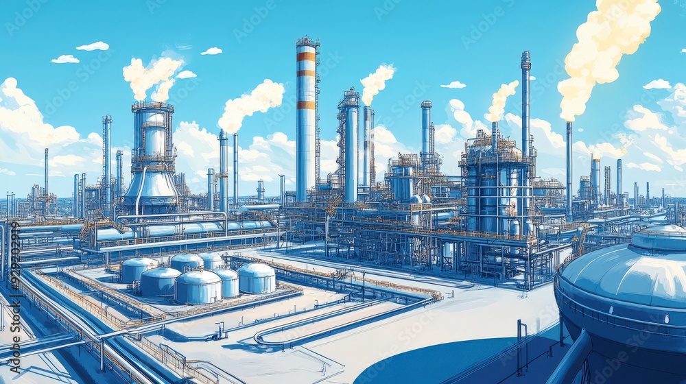 Wall mural a detailed industrial landscape featuring refineries and smokestacks under a blue sky.