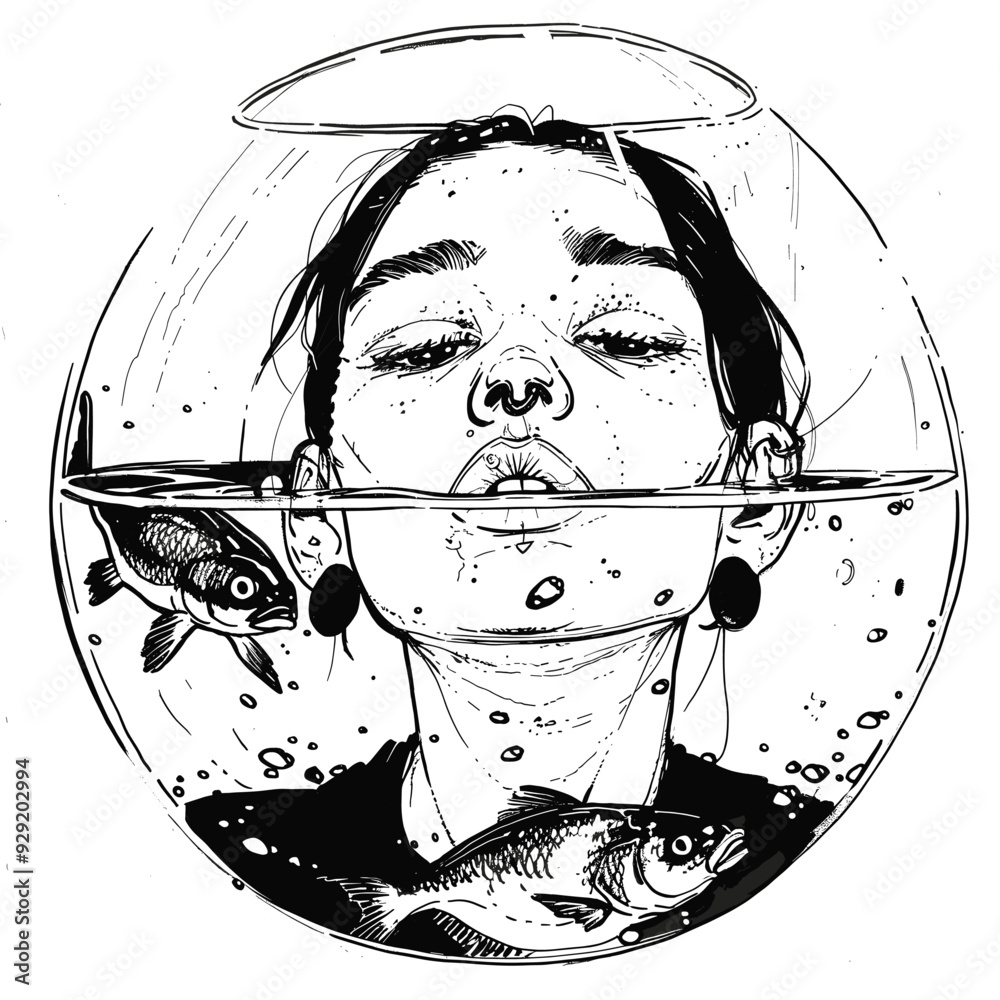 Wall mural surreal illustration of a woman's face in a fishbowl, minimalistic style.