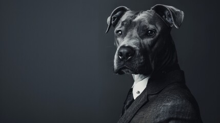 A stern-looking dog dressed in a dark suit and white shirt, posing against a moody dark background for a formal portrait. With copy space for text