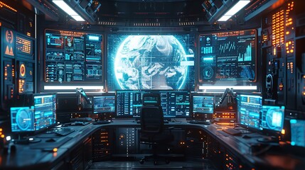Fototapeta premium Futuristic network operations center with technicians monitoring large screens displaying real-time data traffic and connectivity