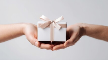 [Caucasian man] hand holding a [white gift box with ribbon] Generative AI