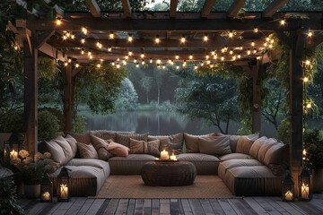 Boho glam outdoor lounge with plush seating and string lights.
