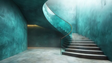 A modern staircase with a spiral design and teal walls.