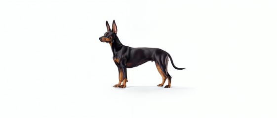 A digital illustration of a Doberman dog standing in profile against a white background.