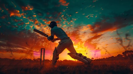 Obraz premium Cricket player batsman doing a pose with a bat shot. technology elements sci fi. Generative AI.