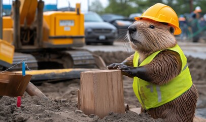 Beaver in a construction outfit working at a building site, wearing a helmet and vest, with construction vehicles in the background.