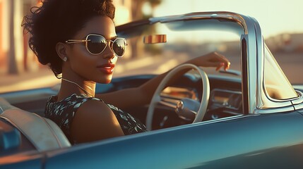 Naklejka premium Black Woman Driving a Vintage Convertible Car 8K Realistic