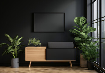 A black and white room with a black television on a wooden stand