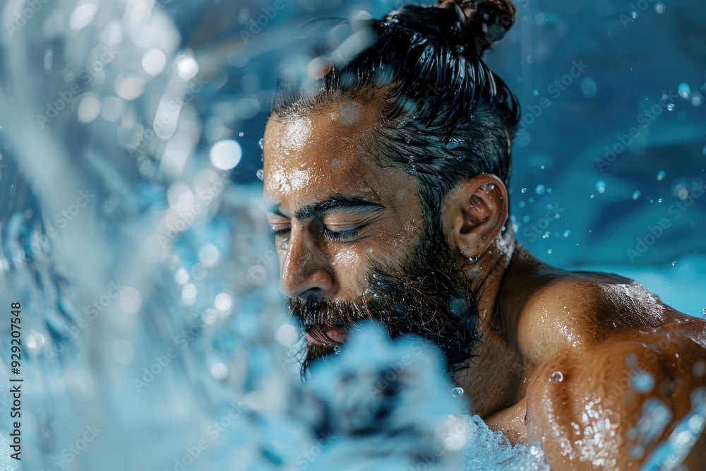 Poster a person with a beard sitting in or near the water