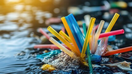 Obraz premium Various plastic straws and utensils are floating on the water's surface, highlighting pollution issues