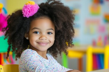 smiling little black girl sitting at the table with, kindergarten classroom in the background