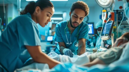 A doctor and a nurse caring for a patient in an emergency room, with monitors and medical equipment in the background