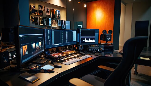 A video editing suite with multiple monitors.