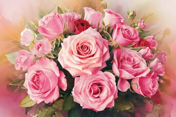 Fototapeta premium Watercolor pink rose flower bouquet for valentines day 