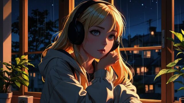 Lofi animation, lofi window, seamless loop, blonde anime girl with headphones listening to music