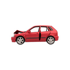 Obraz premium A damaged red car with an open front hood, showcasing its engine compartment. Ideal for repair and auto service themes. transparent background
