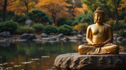 In a place for meditation in a Japanese garden seeing a golden Buddha statue among an autumn greenery stones and creek