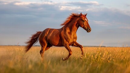Obraz premium A powerful chestnut horse galloping across a sunlit golden field under a vast sky