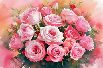 Watercolor pink rose flower bouquet for valentines day
