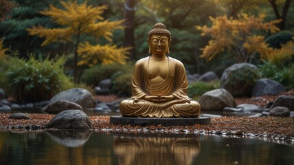 In a place for meditation in a Japanese garden seeing a golden Buddha statue among an autumn greenery stones and creek
