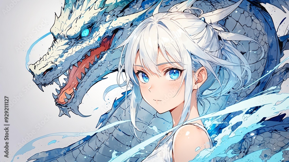 Wall mural low contrast blueeyes white dragon anime style illustration concept background