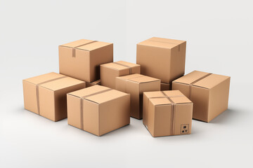 Fototapeta premium Several package on transparent background png cutouts. Images for graphic designers. Image for flyers. Topics related to package. Moving. Sending parcels. Buying and selling.