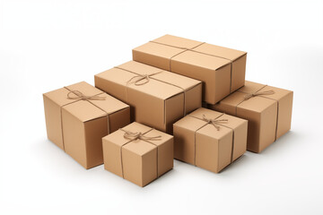 Fototapeta premium Several package on transparent background png cutouts. Images for graphic designers. Image for flyers. Topics related to package. Moving. Sending parcels. Buying and selling.