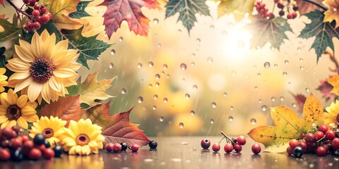 beautiful autumn background, leaves, berries and flowers.