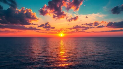 Fototapeta premium Breathtaking sunset over the captivating ocean horizon with vibrant colors painting the dramatic sky in shades of gold orange and pink A serene and peaceful coastal landscape scene